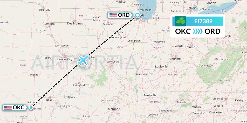 EI7389 Aer Lingus Flight Map: Oklahoma City to Chicago