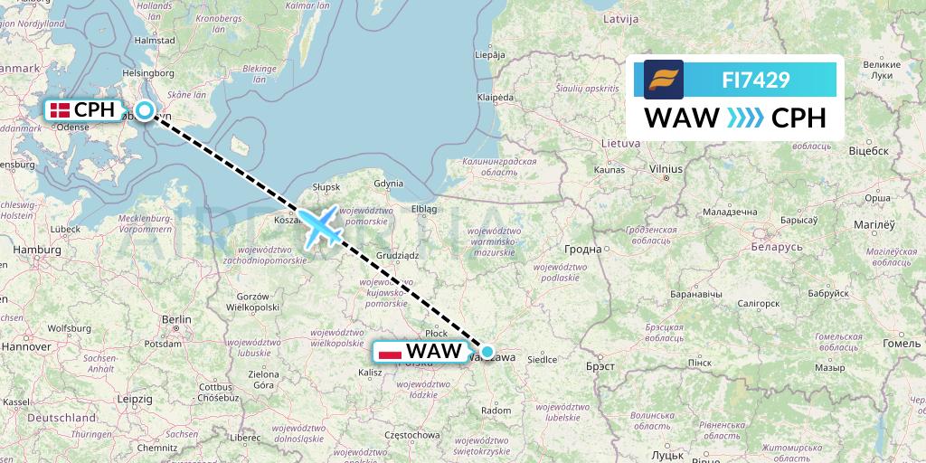 FI7429 Icelandair Flight Map: Warsaw to Copenhagen