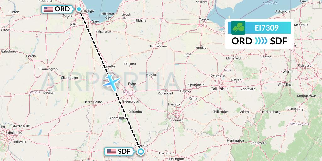 EI7309 Aer Lingus Flight Map: Chicago to Louisville