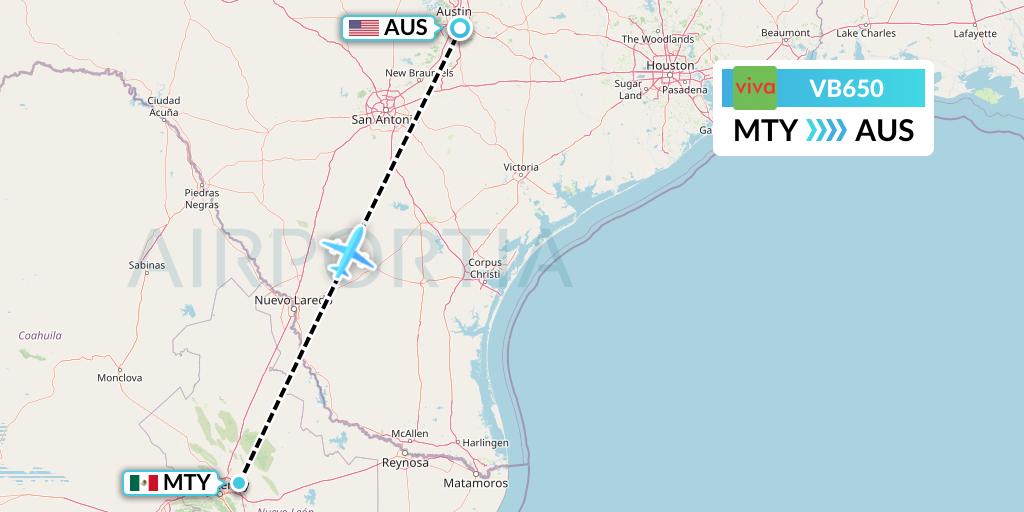 VB650 VivaAerobus Flight Map: Monterrey to Austin