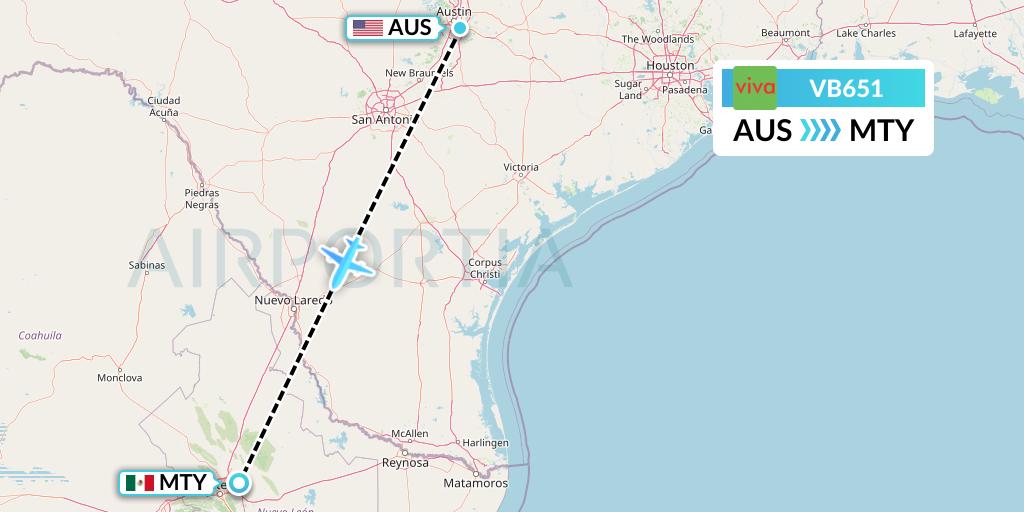 VB651 VivaAerobus Flight Map: Austin to Monterrey