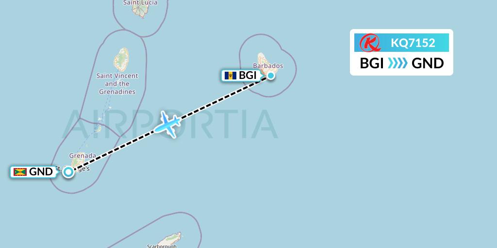 KQ7152 Kenya Airways Flight Map: Bridgetown to Point Salines
