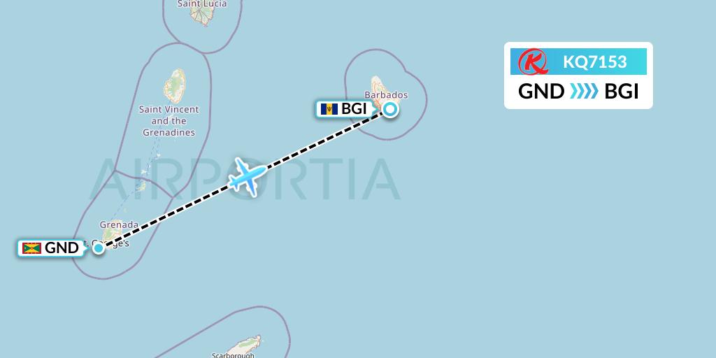 KQ7153 Kenya Airways Flight Map: Point Salines to Bridgetown