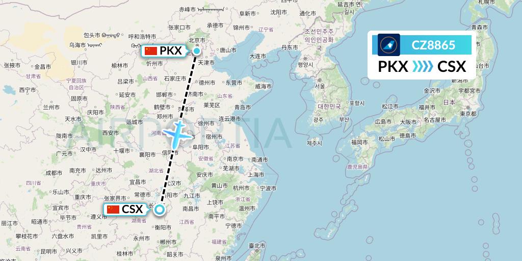 CZ8865 China Southern Airlines Flight Map: Beijing to Changsha