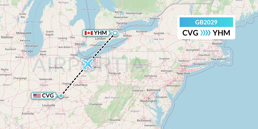 GB2029 ABX Air Flight Map: Cincinnati to Hamilton