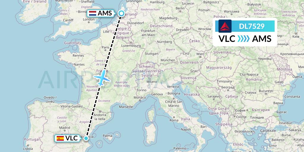 DL7529 Delta Air Lines Flight Map: Valencia to Amsterdam
