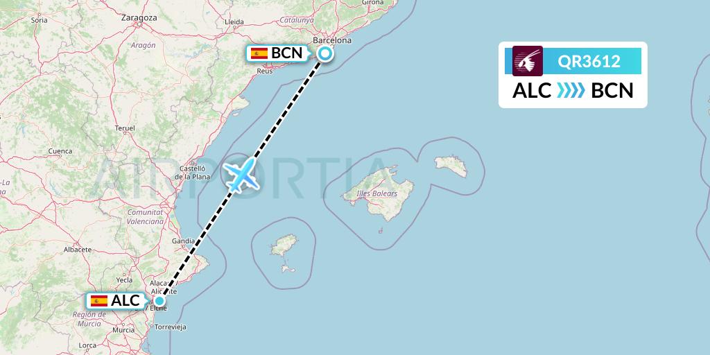QR3612 Qatar Airways Flight Map: Alicante to Barcelona