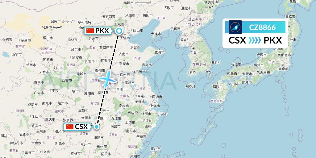 CZ8866 China Southern Airlines Flight Map: Changsha to Beijing