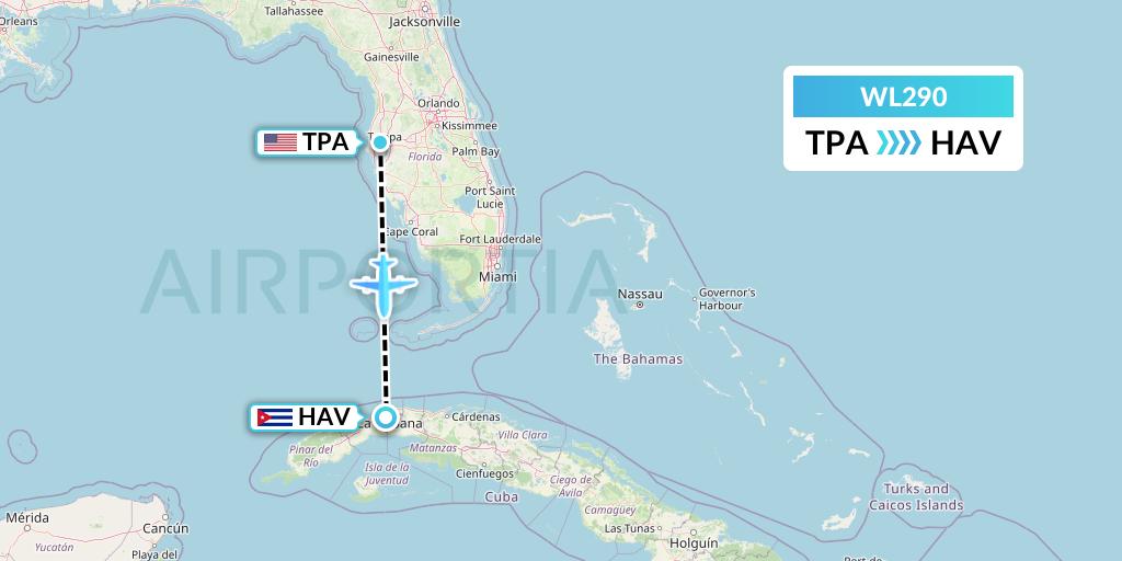 WL290 World Atlantic Airlines Flight Map: Tampa to Havana