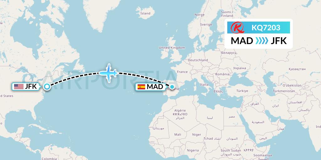 KQ7203 Kenya Airways Flight Map: Madrid to New York