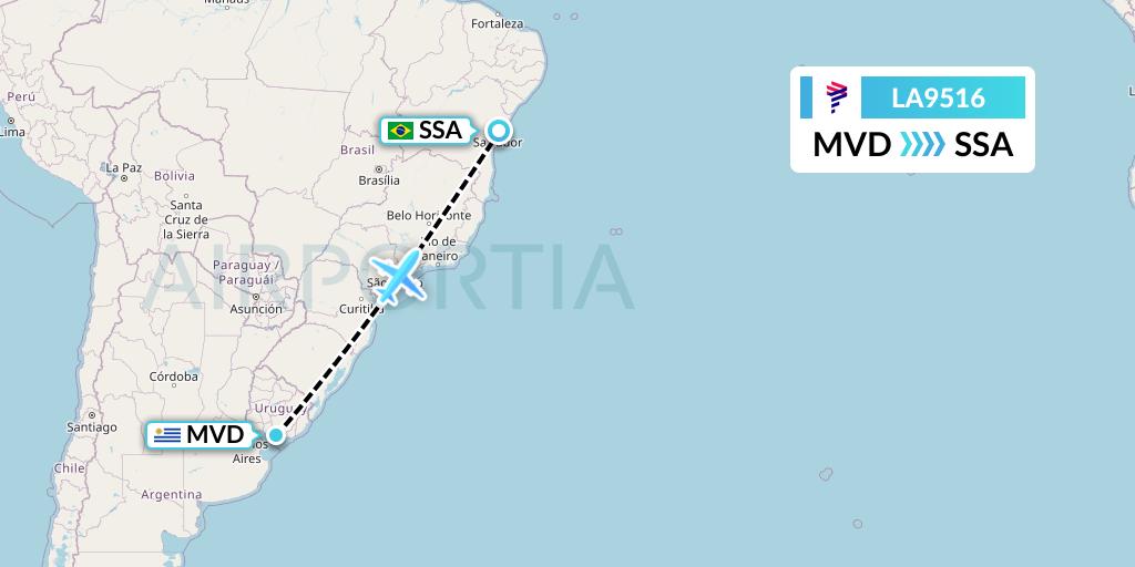 LA9516 LAN Airlines Flight Map: Montevideo to Salvador