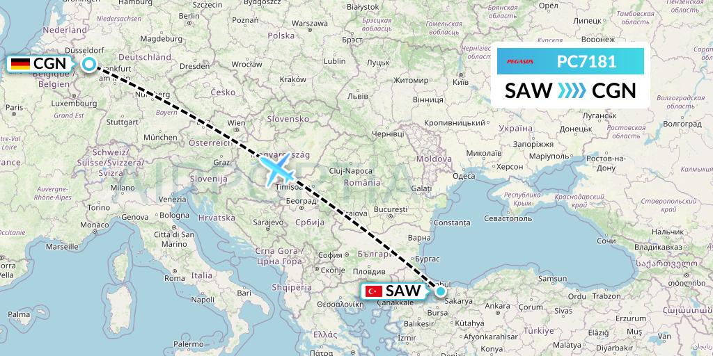 PC7181 Pegasus Airlines Flight Map: Istanbul to Cologne