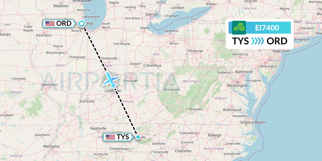 EI7400 Aer Lingus Flight Map: Knoxville to Chicago