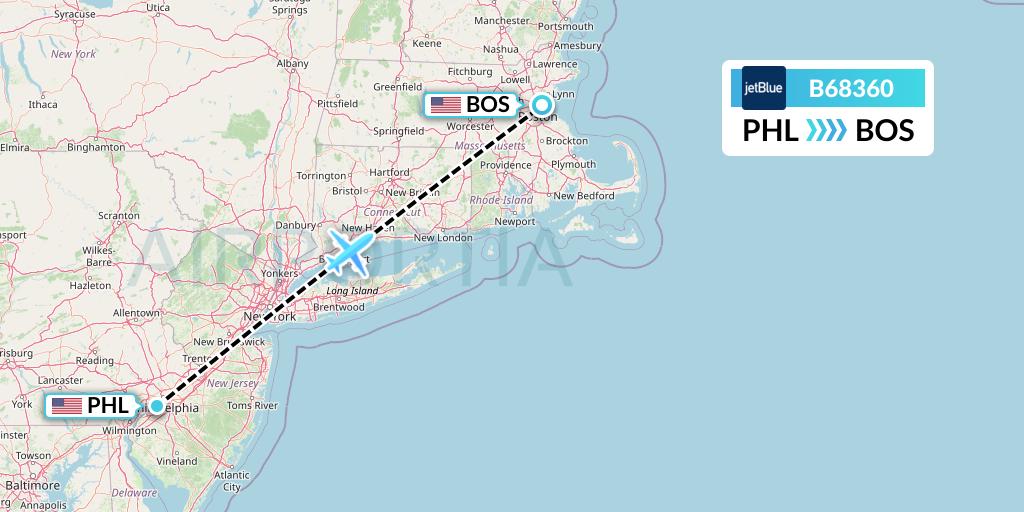 B68360 JetBlue Airways Flight Map: Philadelphia to Boston