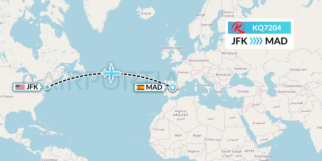 KQ7204 Kenya Airways Flight Map: New York to Madrid