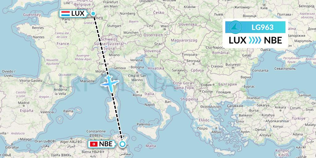 LG963 Luxair Flight Map: Luxembourg to Enfidha