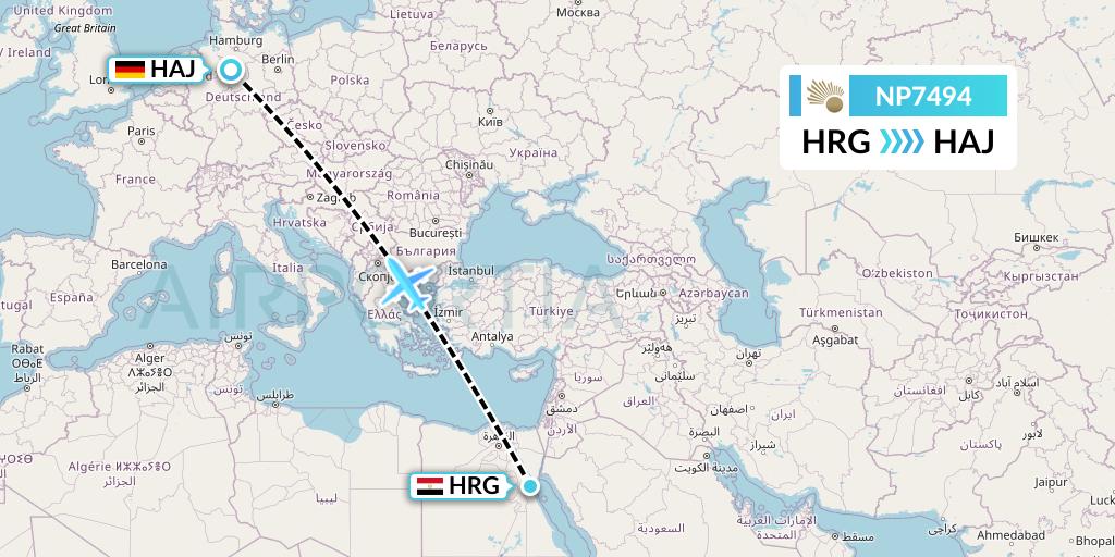 NP7494 Nile Air Flight Map: Hurghada to Hannover