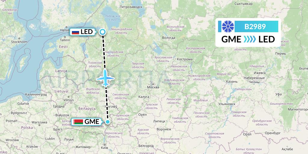 B2989 Belavia Flight Map: Gomel to St. Petersburg