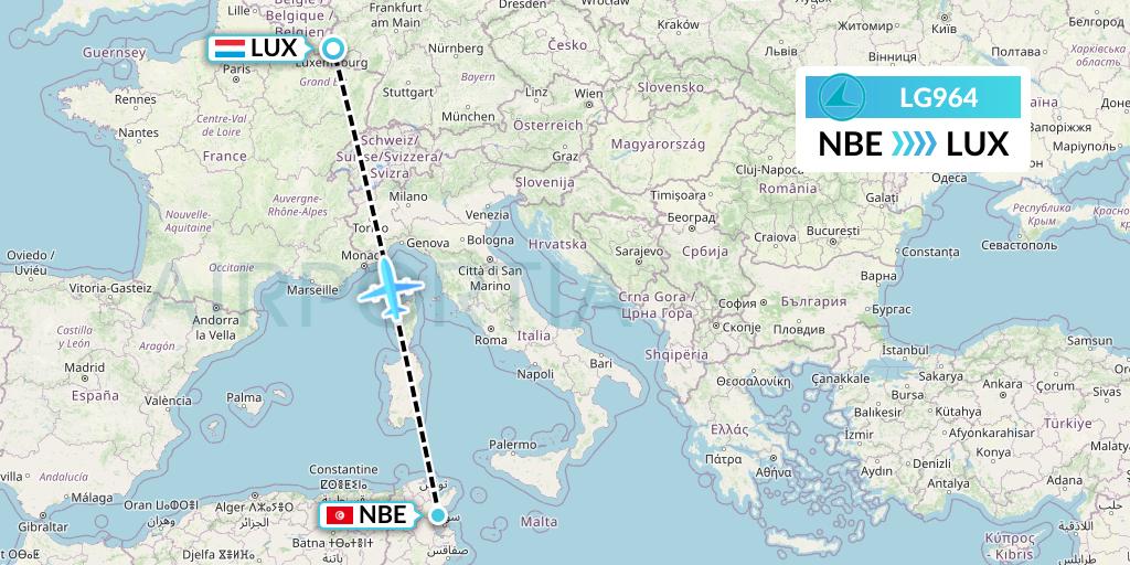 LG964 Luxair Flight Map: Enfidha to Luxembourg