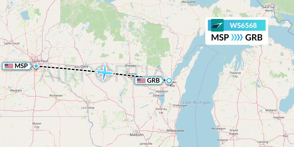 WS6568 WestJet Flight Map: Minneapolis to Green Bay