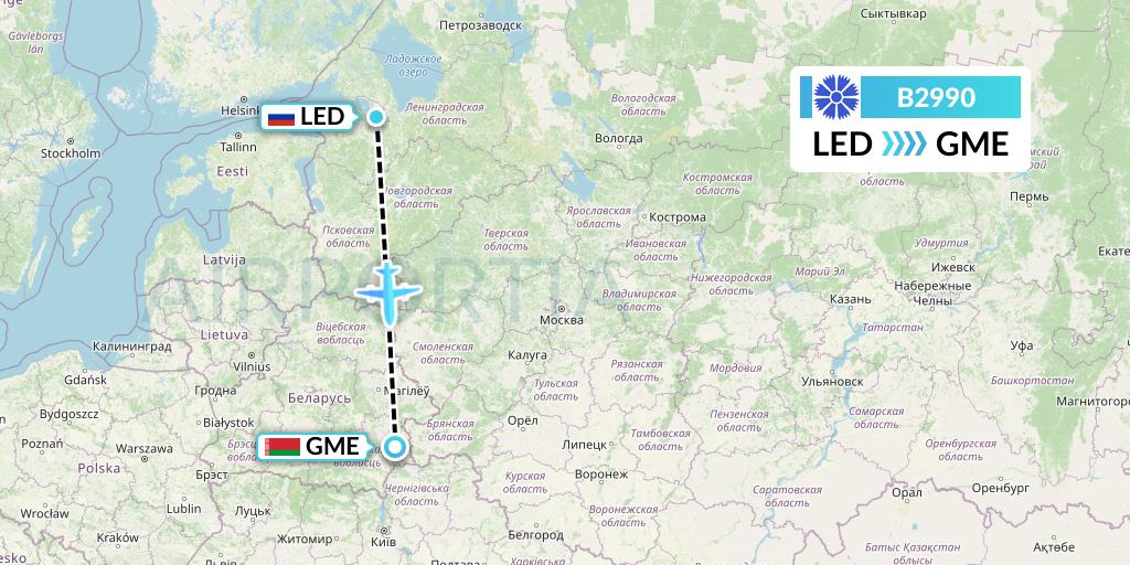 B2990 Belavia Flight Map: St. Petersburg to Gomel