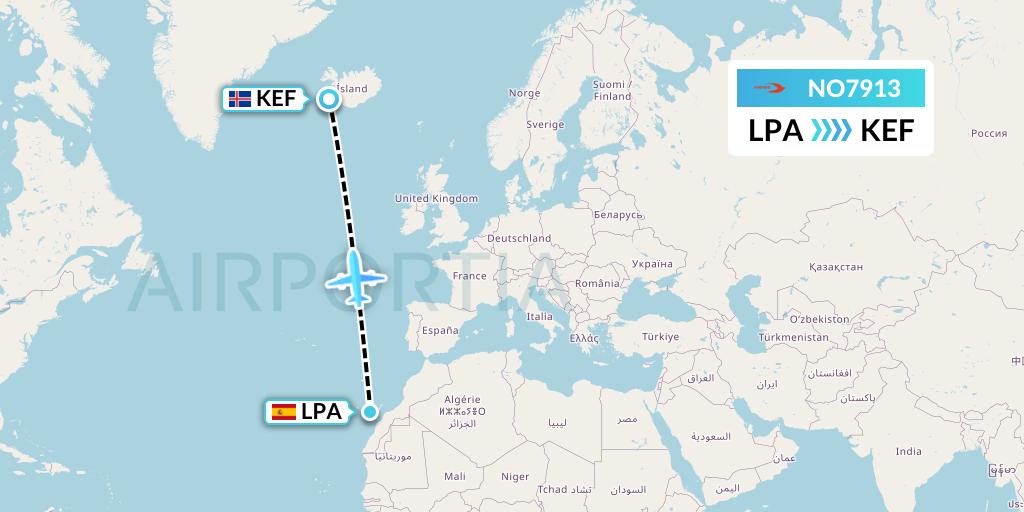 NO7913 Neos Flight Map: Las Palmas to Reykjavik