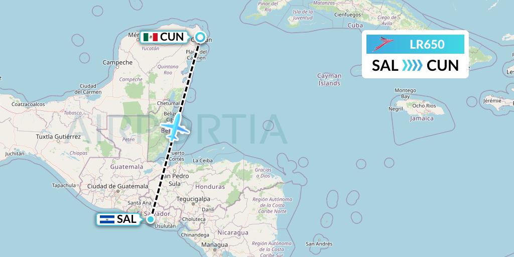 LR650 Lacsa Flight Map: San Salvador to Cancun