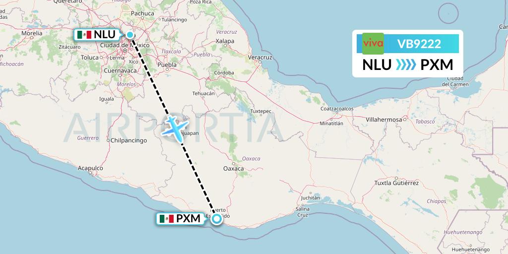 VB9222 VivaAerobus Flight Map: Reyes Acozac to Puerto Escondido