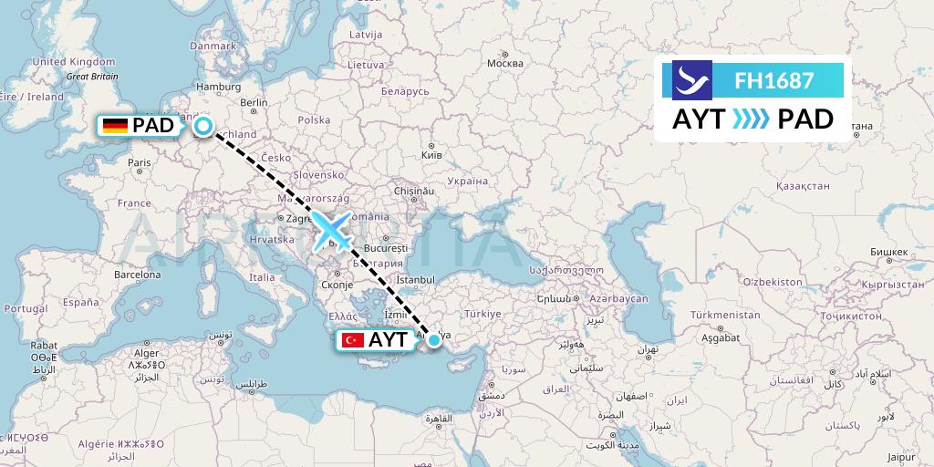 FH1687 Freebird Airlines Flight Map: Antalya to Paderborn