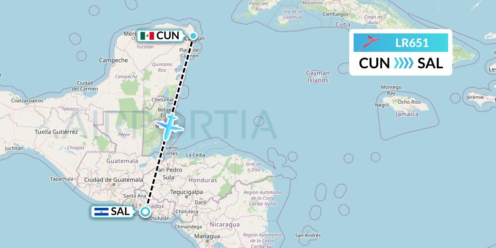 LR651 Lacsa Flight Map: Cancun to San Salvador