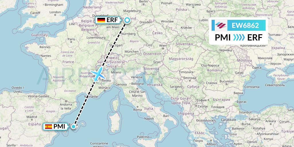 EW6862 Eurowings Flight Map: Palma de Mallorca to Erfurt
