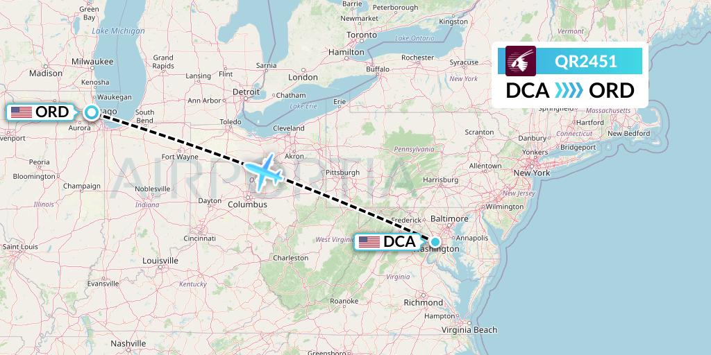 QR2451 Qatar Airways Flight Map: Washington to Chicago