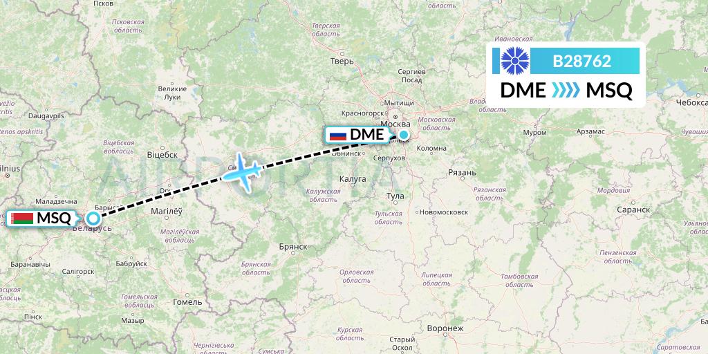B28762 Belavia Flight Map: Moscow to Minsk