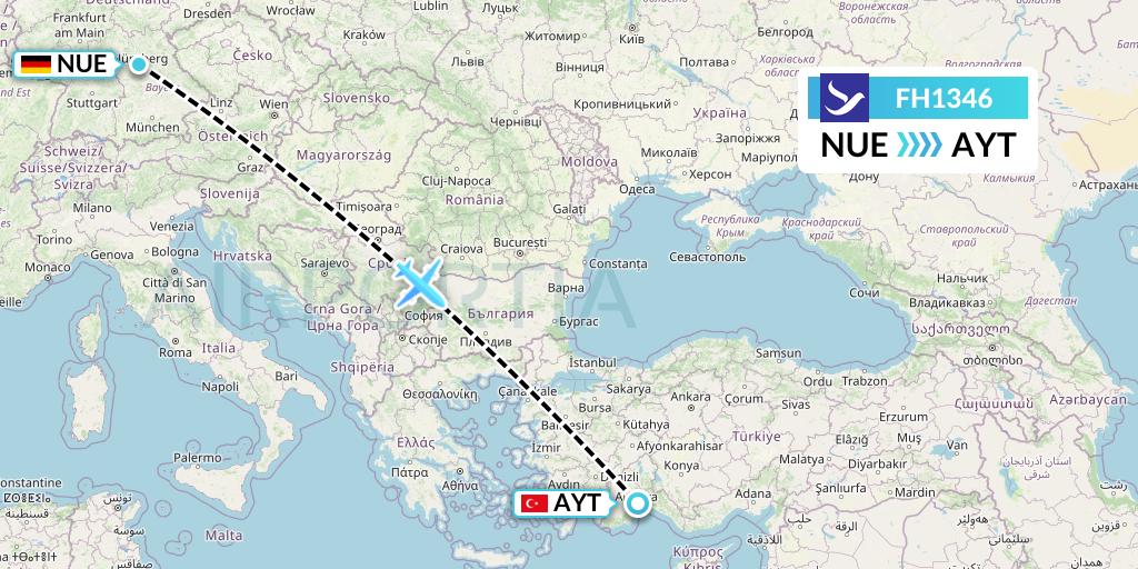 FH1346 Freebird Airlines Flight Map: Nurnberg to Antalya