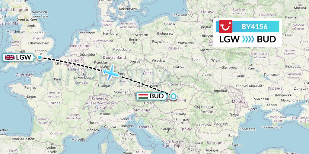 BY4156 TUI Airways Flight Map: London to Budapest
