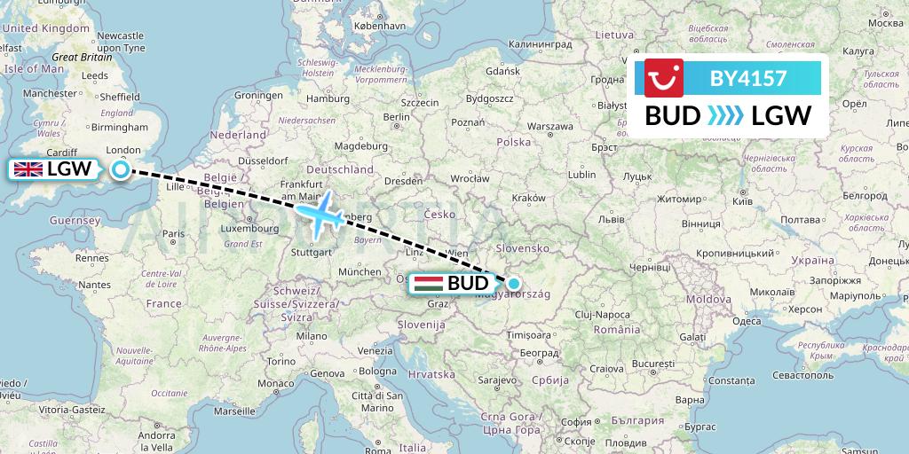 BY4157 TUI Airways Flight Map: Budapest to London