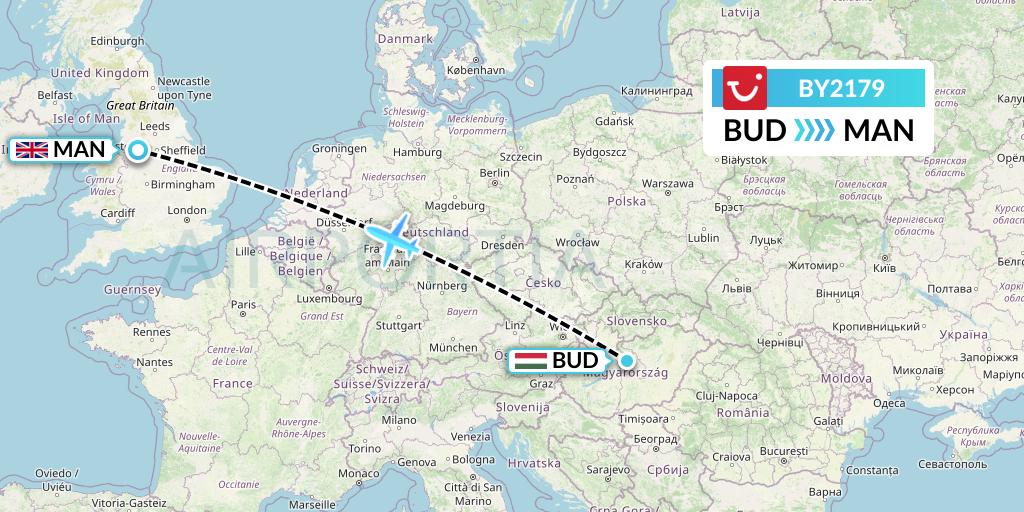 BY2179 TUI Airways Flight Map: Budapest to Manchester