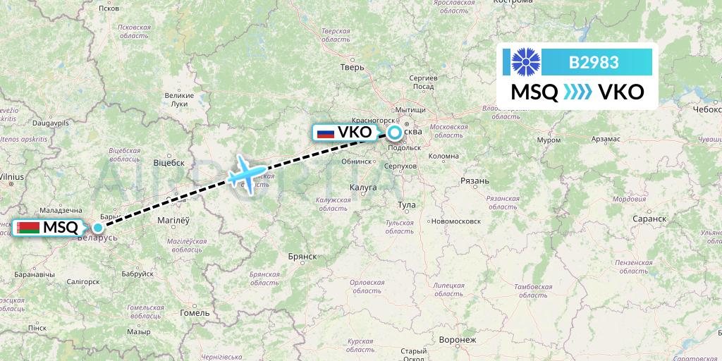 B2983 Belavia Flight Map: Minsk to Moscow