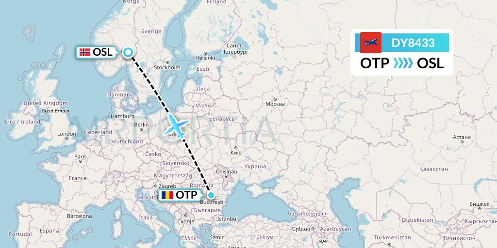 DY8433 Norwegian Flight Map: Bucharest to Oslo