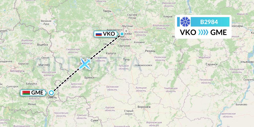 B2984 Belavia Flight Map: Moscow to Gomel