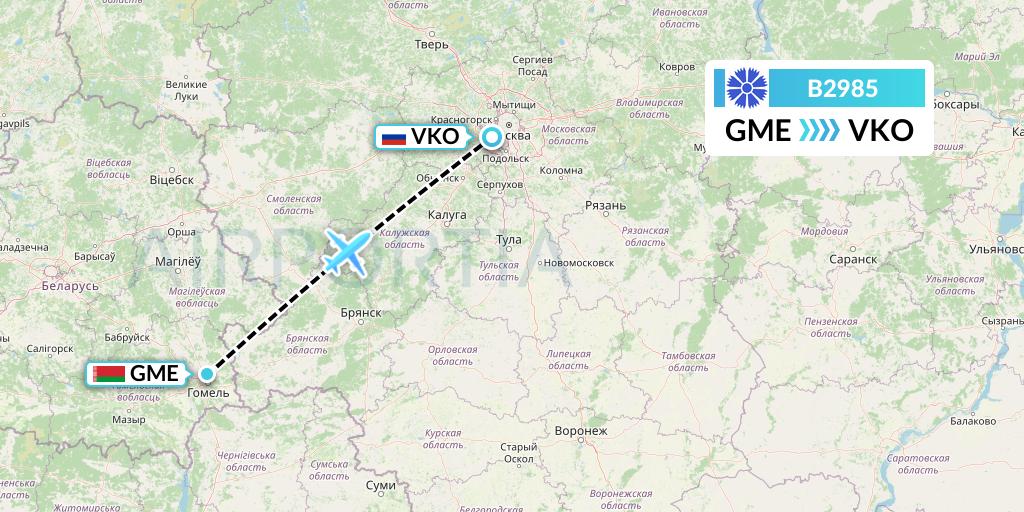 B2985 Belavia Flight Map: Gomel to Moscow