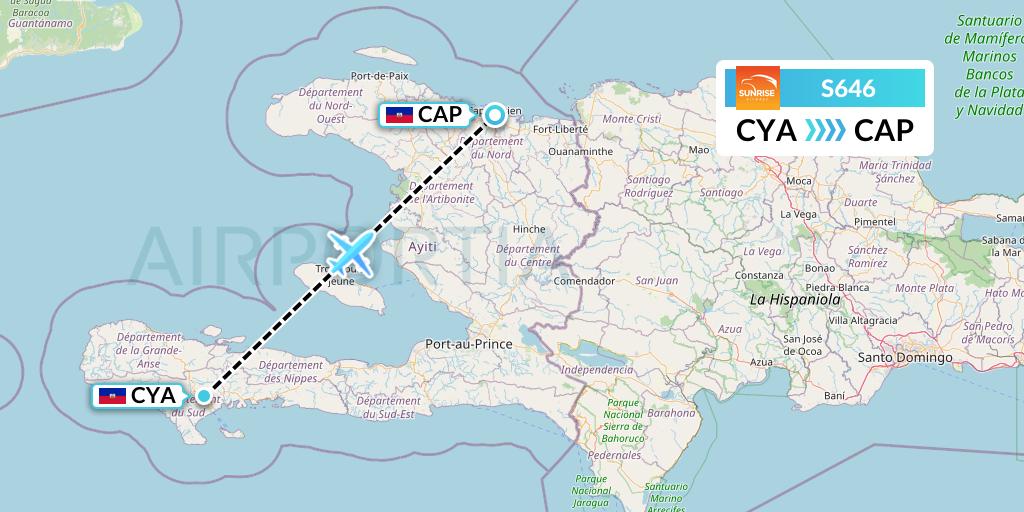 S646 Sunrise Airways Flight Map: Les Cayes to Cap-Haitien