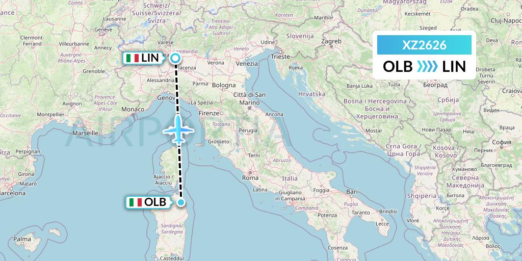 XZ2626 Aeroitalia Flight Map: Olbia to Milan