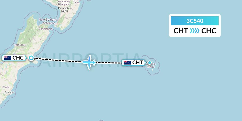 3C540 Air Chathams Flight Map: Waitangi to Christchurch