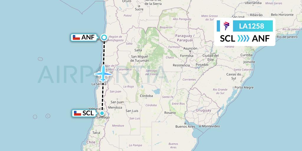 LA1258 LAN Airlines Flight Map: Santiago to Antofagasta