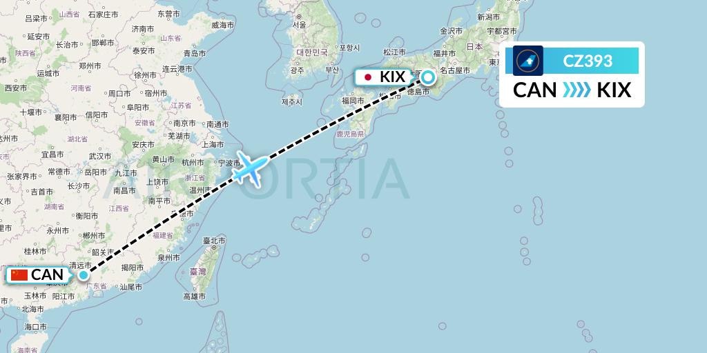 CZ393 China Southern Airlines Flight Map: Guangzhou to Osaka