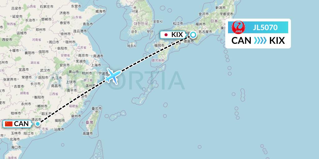 JL5070 Japan Airlines Flight Map: Guangzhou to Osaka