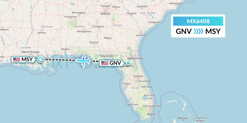 MX6408 Breeze Airways Flight Map: Gainesville to New Orleans