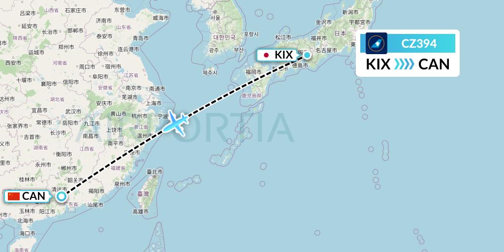 CZ394 China Southern Airlines Flight Map: Osaka to Guangzhou