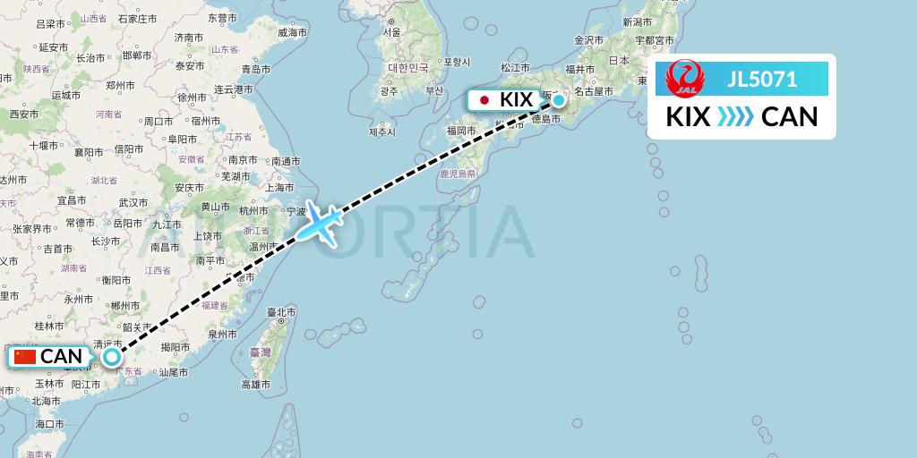 JL5071 Japan Airlines Flight Map: Osaka to Guangzhou